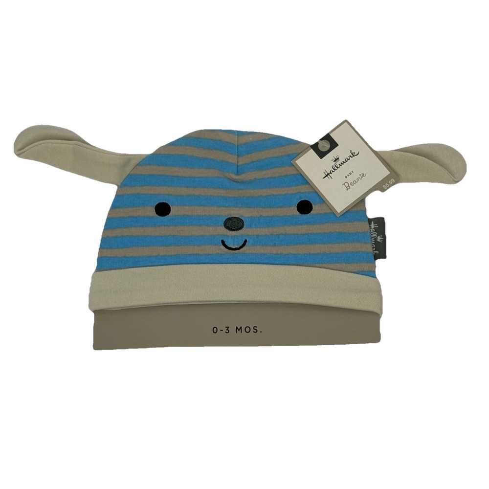 Hallmark Baby Beanie 0-3 Months Blue Grey Striped Dog Floppy Ears NWT